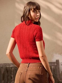 lacRébo 酒红色绞花针织Polo衫 女款 春夏新年针织衫 - 紅色 - 查看 2