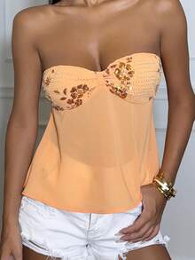 Ronhire 女士夏季度假亮片铆钉装饰紧身胸衣透视抹胸上衣 - 橘色 - 查看 3