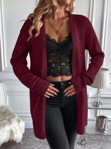 EMERY ROSE Cárdigan largo de manga larga con hombros caídos y unicolor para mujer, otoño - Burdeos - Ver 6