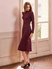 lacRébo Purple Semi-Sheer Midi Dress With Long Sleeves And Keyhole Detail Spring Spring Summer Office Dress Wedding Guest Dress - Purple - View 3