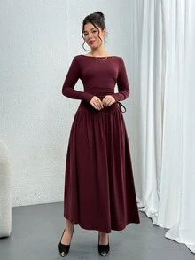 DAZY Women's Solid Color Long Sleeve Ruched Fitted Dress Red Women Dresses