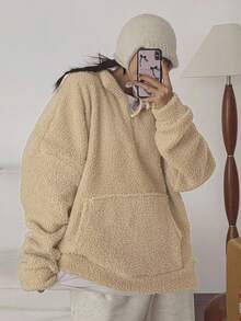 Áo nỉ chui đầu cổ đứng thời trang sang trọng dành cho nữ có khóa kéo nửa - Màu Khaki - Xem 3