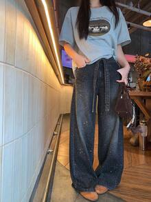 DAZY Women's Korean Style Loose Rhinestone Washed Distressed Casual Jeans - Black - View 9