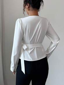 Elenzga Elegant V-Neck Digital Printed Geometric Line Pattern Long Sleeve Asymmetrical Hem Tie Bow Blouse Fall Cloth For Women - White - View 2