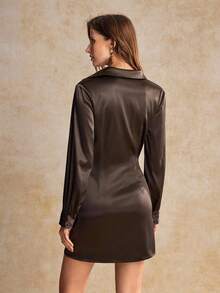 House of One Collared Bishop Sleeves Solid Satin Cowl Neck Mini Dress Women Autumn Elegant Casual Wear