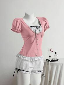 Elamini Black Vintage-Style Shoulder-Baring Short Sleeve T-Shirt, Spring/Summer - Pink - View 4