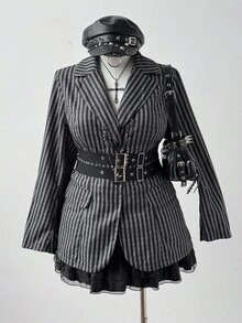 Sunspun Plus Size Women Striped Lapel NeckLong Sleeve Dark Casual Blazer Jacket, Autumn Fall Cloth For Women Winter