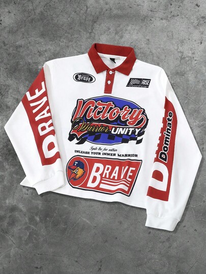 Street Life Men's Slogan Print Casual Loose Fit Long Sleeve Polo Shirt, For Fall