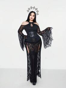 Whyspr Plus Size Women Goth Black Autumn Night Out Club T-Shirt,Off-Shoulder Drawstring Collar Mesh Texture Spider Web Bat Wing Sleeve Halloween Punk Style - Black - View 5