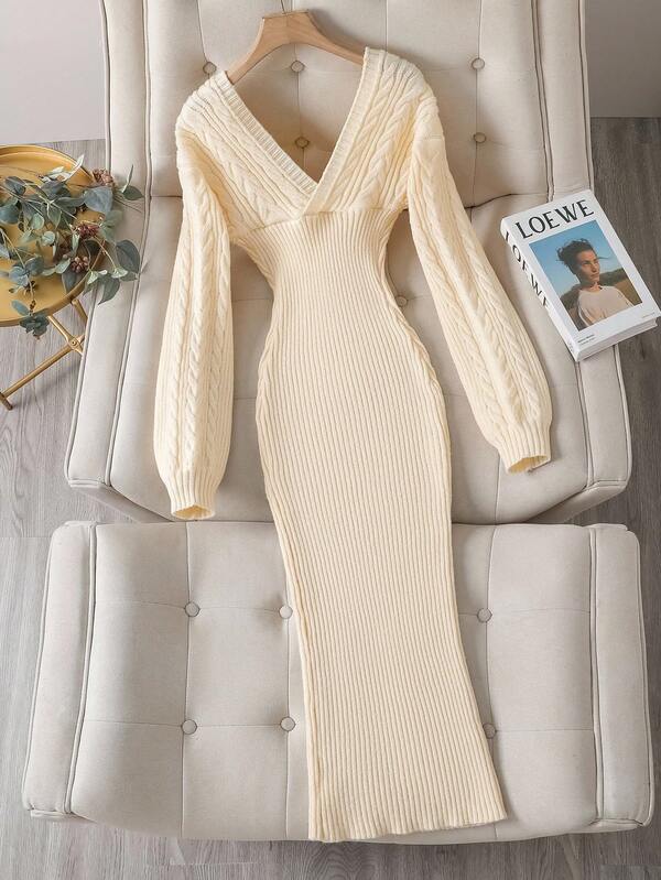 Franclia Women's Autumn Cable Knit Pattern V-Neck Long Sleeve Slim Figure Showing Sexy Elegant Woolen Dress Sweater Long Skirt Lantern Sleeve Temperament Apricot Bottoming Sweater Dressautumn Fall Clothes For Women Fall Autumn Clothes Fall Outfits For Women Autumn Outfits For Women Autumn Outfits For Women Fall Clothes  Elegant Dresses For Women Elegant Dress For Women Elegant Dress Elegant Dresses For Party  Elegant Dress Women Party Dress Long Party Dresses Wedding Guest Dress For Women  Wedding, Christmas