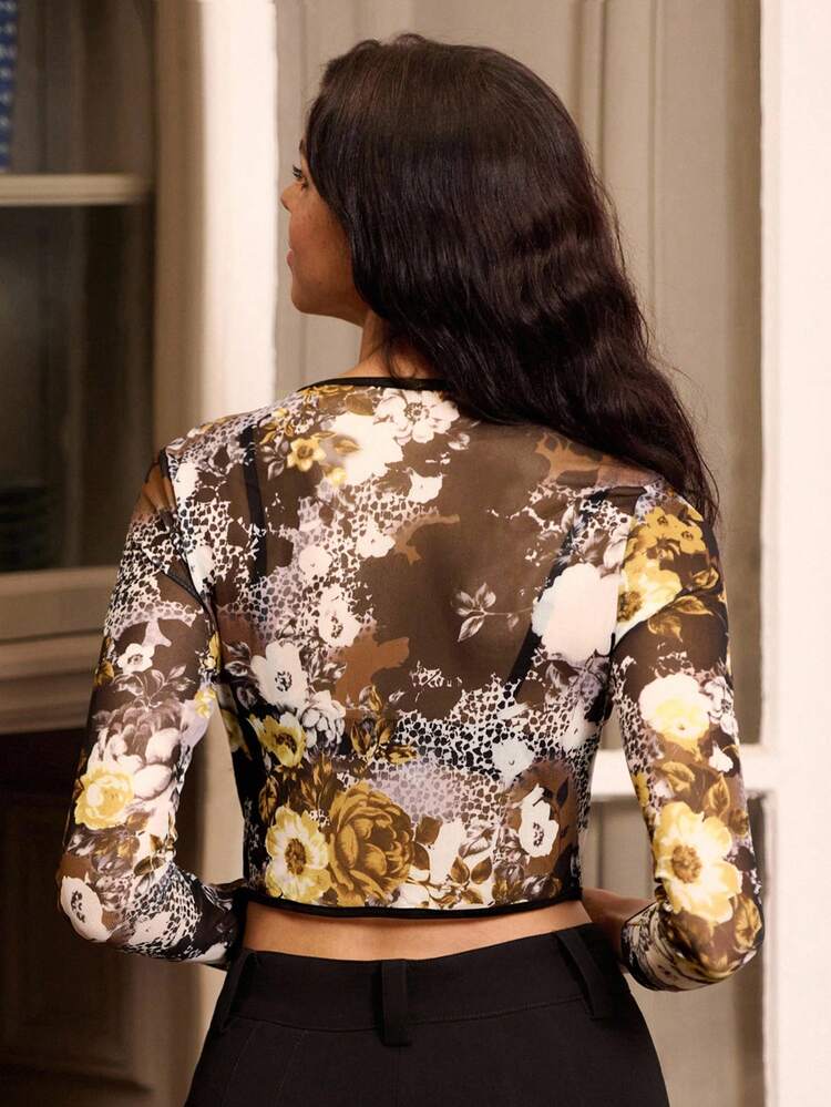 Black And Brown Floral Print Mesh Long Sleeve Cropped Top With Button Front Women Spring Summer