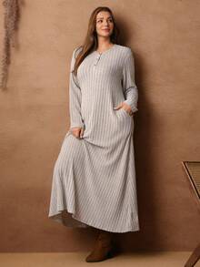 Rosumi Robe décontractée ample à manches longues, col boutonné, poche, côtelée, couleur unie, pour femmes grandes tailles