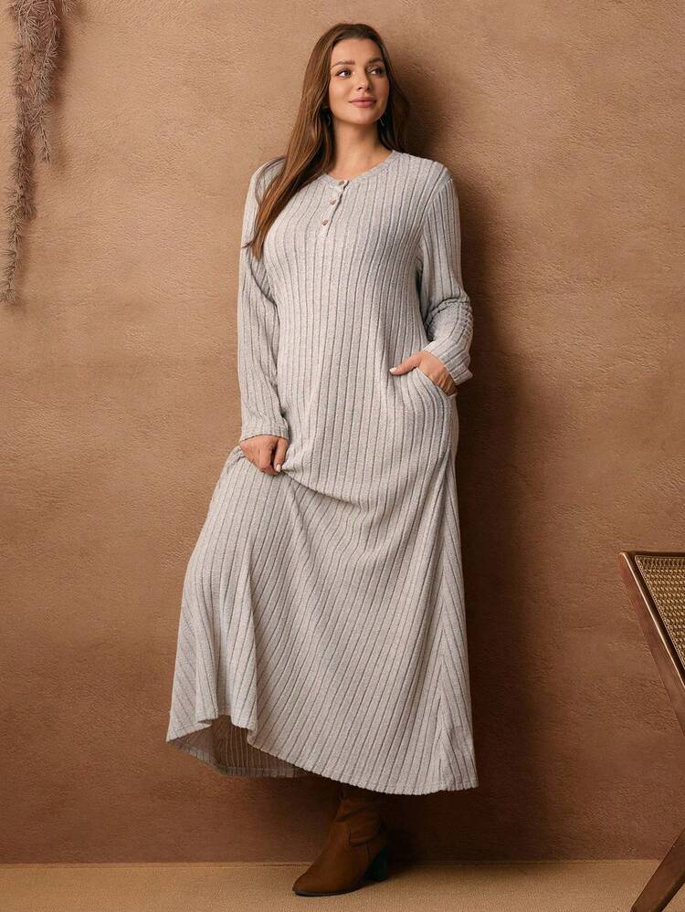 Plus Size Women Solid Color Button Half Placket Long Sleeve Pocket Ribbed Casual Loose Dress,Winter Dresses For Women,Elegant  Party Outfit,Casual Outfit For Women