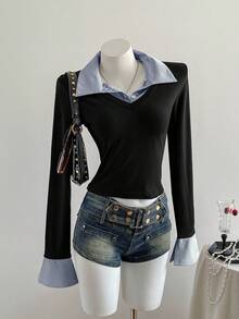 Sweetra 1pc Women's Striped Splice Asymmetrical Hem Tight Long Sleeve T-Shirt, 2 In 1 Shirt Collar, Fashion Casual Street Style, Autumn/Winter Graphic Tees Women Tops For Spring