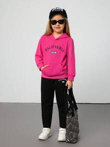 Hanevo 女小童字母圖案袋鼠口袋連帽衫和運動褲 - 黑色 - 查看 1