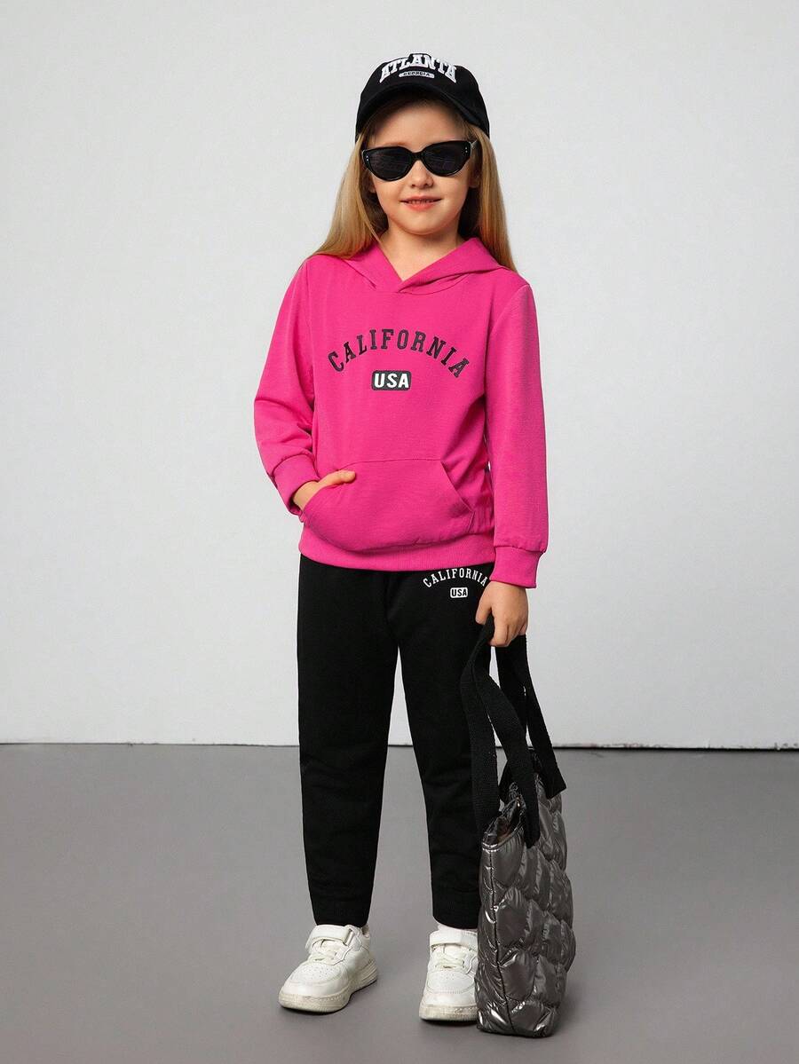 Hanevo 女小童字母圖案袋鼠口袋連帽衫和運動褲 - 黑色 - 查看 1