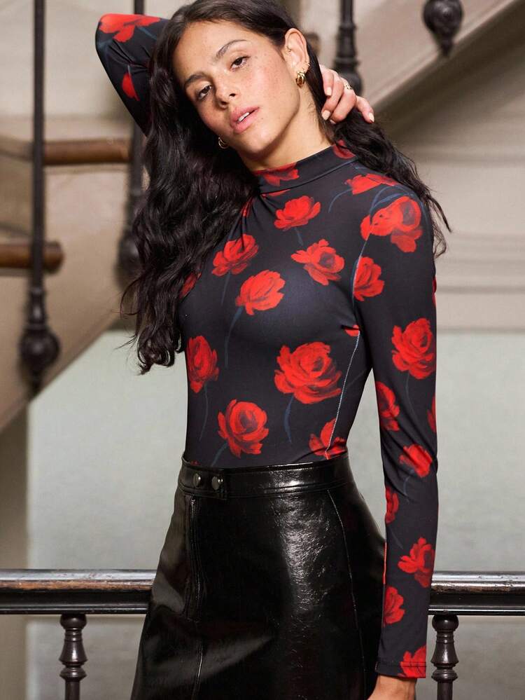 Floral Turtleneck Bodysuit With Tanga Cut Spring Women Clothes Spring Summer Long Sleeve Bodysuit