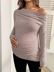 SHEIN Autumn And Winter Maternity Solid Color Ruched Ribbed Oblique Shoulder Long Sleeve Fitted T-Shirt - Dusty Pink - View 3