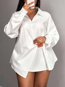 Slaydiva 2025 新款女士加大码束腰仿皮贴片针织长袖衬衫，百搭日常、机场、外出、通勤 - 白色 - 查看 5