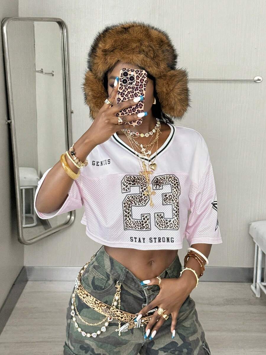 Coolane Women's Summer Streetwear Cute Sport Soccer  Letter Leopard  Print Cropped Versatile Pink Jersey T-Shirt - Pink - View 1