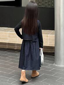 DAZY Young Girls Washed Casual Korean Style V-Neck Vest & Pleated Denim Skirt 2 Pieces Set Fall/Winter - Dark Wash - View 2