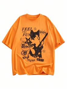 Y2Kool BiGraphic 女士休闲猫咪吉他印花T恤，夏季动漫猫咪T恤，猫咪图案T恤，橙色动漫T恤，橙色图案T恤，卡通猫咪T恤，派对上衣，时尚服装系列，新年服装，纯棉 - 橘色 - 查看 3