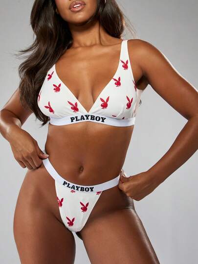 Missguided x Playboy Bunny Logo Allover Print Triangle Bralette With Matching High Cut Thong Bikini White Elastic Band Intimates Lingerie Set