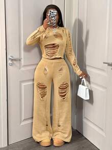 BamGleam 女士镂空性感短款毛衣套装，秋冬 - 卡其色 - 查看 1