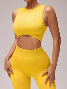 Gameset SHEIN Sport Women Solid Color Round Neck Cropped Tank Top And Leggings Athleisure Set Workout Sets - Yellow - View 4