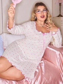 Slumberry CURVE Plus Size Sweet Ins Heart Print Ribbed Contrast Trim Comfortable Nightgown, Fall & Winter, Cozy Outfit - White - View 4