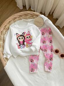 SHEIN Baby Girl Cute Cartoon Pattern Thermal Lined Long Sleeve Sweatshirt And Pants Set, Versatile For Autumn/Winter Fall - Multicolor - View 6