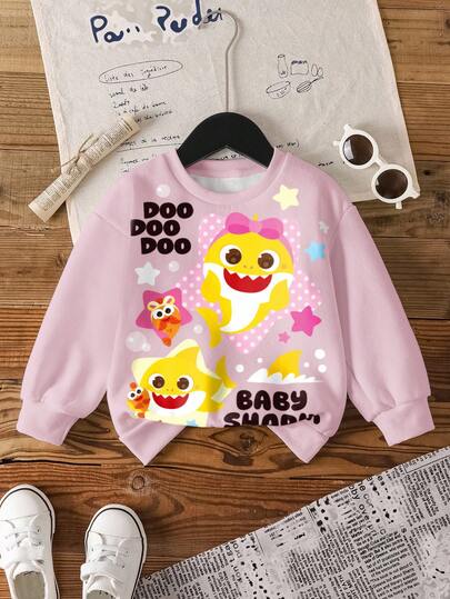 BABY SHARK X SHEIN Young Girl Letter & Cartoon Shark Pattern Crew Neck Long Sleeve Sweatshirt