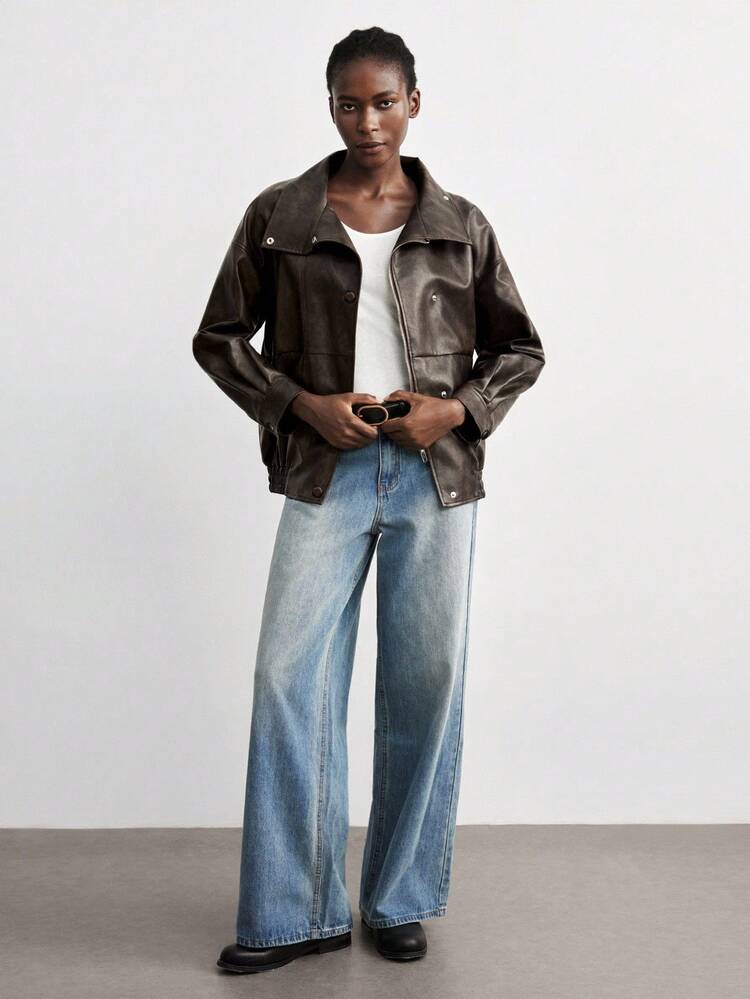 SHEIN Maija 2025 Autumn/Winter High Collar Asymmetric Placket Loose Drop Shoulder Coffee Brown PU Jacket, Suitable For Modern Urban Early Autumn Back To School Season, Autumn, Winter New Year, Brown Jacket,Classic And Wearable, Old-Money Style, Understated And Chic