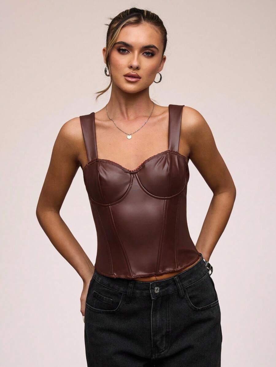 SHEIN BAE 女式复古纯色修身背心,夏季 - 棕色 - 查看 1