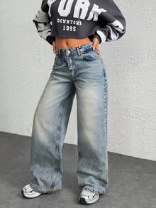 EURMUSE WOMEN LOOSE LOW WAIST WIDELEG MEDIUM BLUE WASH DENIM JEAN Y2K - Dark Wash - View 3