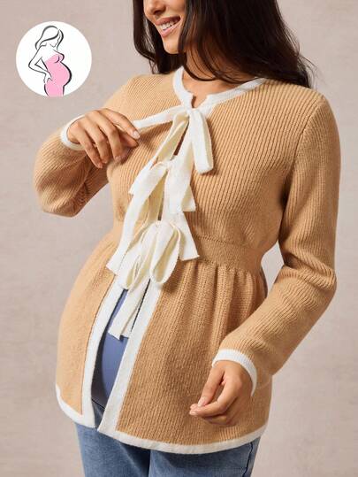 Boho Mama Maternity Casual Color Block Trim Tie Front Cardigan,Vintage