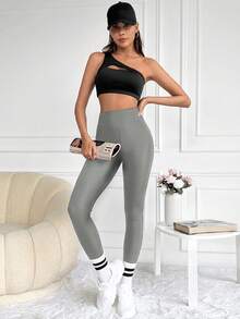 SHEIN Cottnline Wide Waistband Solid Leggings - Grey - View 3