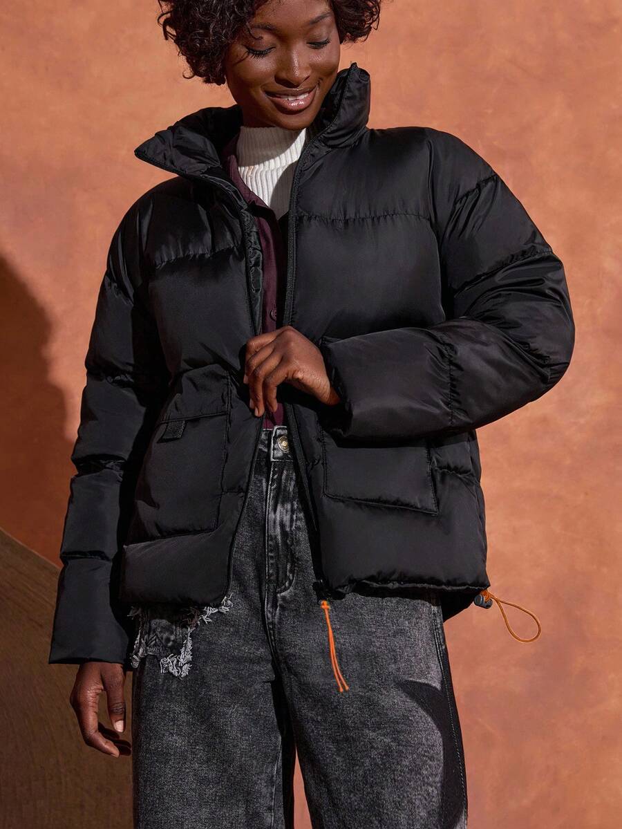 SHEIN Cottnline Quilted Puffer Jacket With Front Zipper, High Collar, Two Large Front Pockets, And Orange Zipper Pulls, Warm And Functional Winter Outerwear, Waterproof Fabric Winter Jacket Oversized Jacket Black Puffer Jacket Padded Coat - Black - View 1