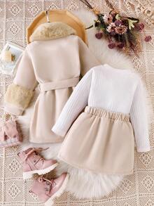 Genkimix Kids Girls (Small) Wool Blend Coat With Faux Fur Collar, Knit Stand Collar Top And Skirt 3 PiecesWinter Outfit, Elegant And Fashionable For Snowy Days Girls Winter Clothes Girls Skirt Set Faux Fur Collar Coat Toddler Girl Outfits Girls Fall Outfits - Apricot - View 2