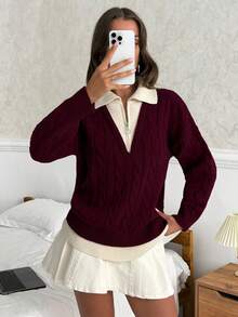 EURMUSE Women's Cable Knit Half-Zip Sweater With Contrast Collar And Ribbed Hems - Burgundy - View 2