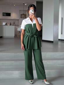 SHEIN 2件套少女拼色短袖衬衫和纯色裤子套装 - 墨綠色 - 查看 5