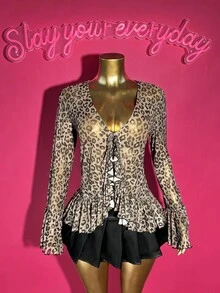 SHEIN Slayr 2025年秋季新款V领长袖喇叭袖系带前部不对称下摆褶饰豹纹休闲夏季女上衣 - 棕色 - 查看 6