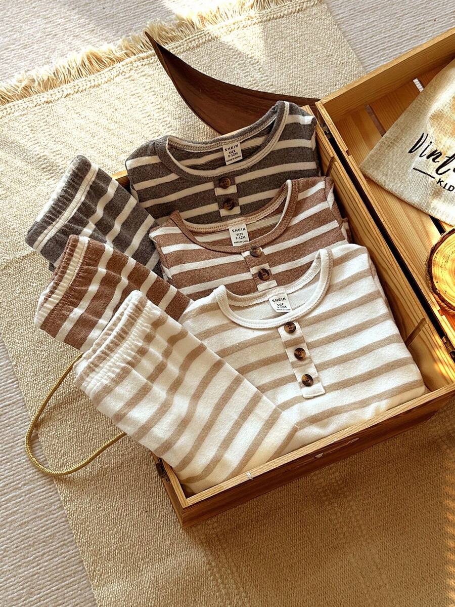 Vintaside Kids 6 件男婴秋季新款条纹圆领仿门襟设计长袖 T 恤和裤子套装，卡其色棕色、黑白条纹，多种颜色，婴儿休闲基本款 - 彩色 - 查看 1