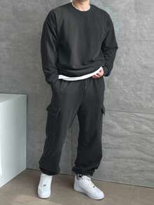 DAZY 男士加厚羊毛套衫和裤子套装，松紧腰带和大口袋，深灰色，秋冬舒适服装 - 灰色 - 查看 1