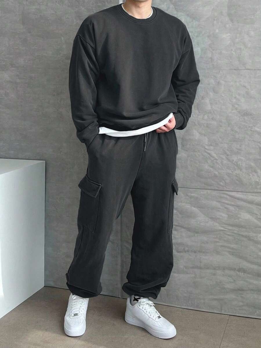 DAZY 男士加厚羊毛套衫和裤子套装，松紧腰带和大口袋，深灰色，秋冬舒适服装 - 灰色 - 查看 1