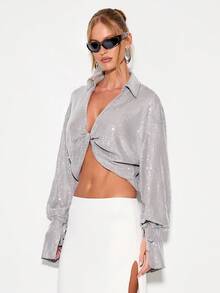 KIZN Áo sơ mi cài nút tay dài cắt ngắn đính sequin lấp lánh phong cách disco kim tuyến tiệc bãi biển lễ hội buổi tối mùa hè mặc ở khu nghỉ dưỡng xoắn phía trước - Xám - Xem 3