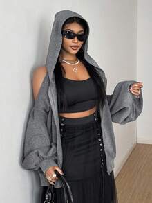 Maweii 大码纯色露肩长袖连帽拉链休闲宽松运动衫 - 灰色 - 查看 2