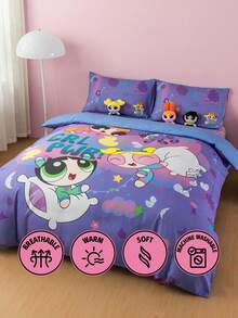 THE POWERPUFF GIRLS X SHEIN 3件組可愛卡通人物與枕頭圖案舒適被套組，適用單人床/雙人床/加大雙人床/特大雙人床，適合宿舍/居家 - 淡紫色 - 查看 11
