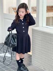 Dazy Kids Young Girl Casual Versatile Cardigan & Knit Skirt Set - Navy Blue - View 2