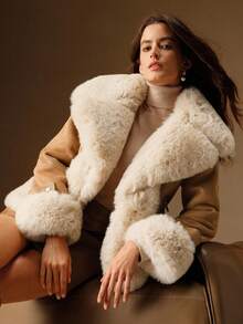 Anewsta Fashionable & Versatile Faux Rabbit Fur & Suede Composite Jacket, Autumn/Winter - Brown - View 8